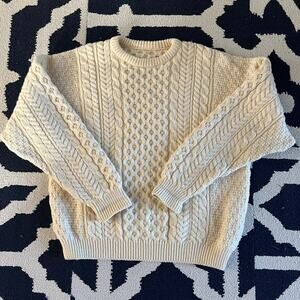 Irish fisherman knit crew neck sweater with cable knit patterns and Bennie hat